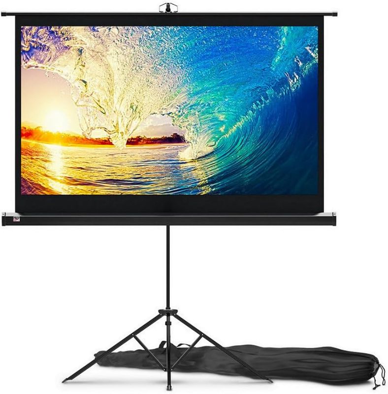 Photo 1 of Projector Screen with Stand  - Indoor and Outdoor Projection Screen for Movie or Office Presentation - 16:9 HD Premium Wrinkle-Free Tripod Screen for Projector with Carry Bag and Tight Straps
