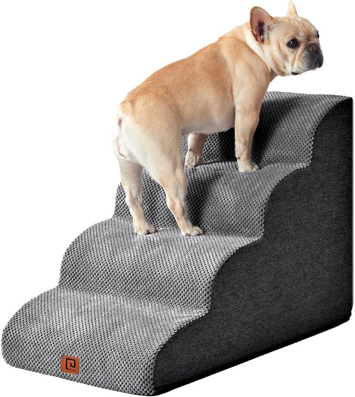 Photo 1 of EHEYCIGA Curved Dog Stairs for High Beds 19.7" H, 4-Step Dog Steps for Small Dogs and Cats, Pet Stairs for High Bed Climbing, Non-Slip Balanced Pet Step Indoor, Grey
