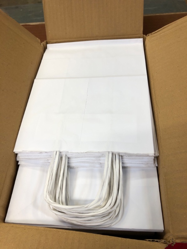 Photo 2 of Qutuus White Kraft Paper Bags with Handles Bulk 100Pcs 8x4.5x10 White Paper Gift Bags for Small Business, Shopping Retail Merchandise Bags,Birthday Party Favor Bags, Medium Gift Bags, Craft Bags