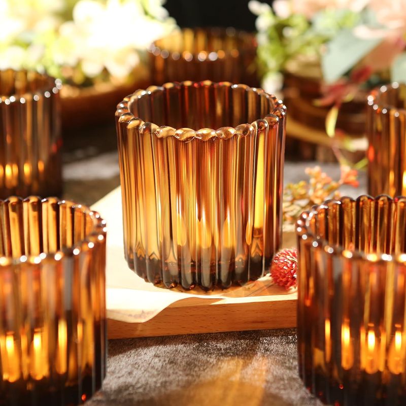 Photo 1 of 12Pcs Vintage Amber Ribbed Votive Candle Holders for Table Centerpiece, Large Glass Tealight Candle Holders for Wedding Decor, 2.76''x2.85'' Candle Holders for Home, Party