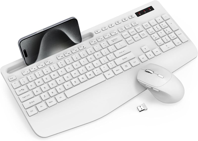 Photo 1 of Wireless Keyboard and Mouse Combo - Full-Sized Ergonomic Keyboard with Wrist Rest, Phone Holder, Sleep Mode, Silent 2.4GHz Cordless Keyboard Mouse Combo for Computer, Laptop, PC, Mac, Windows (White)