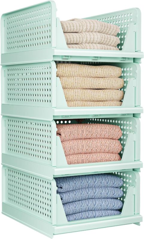 Photo 1 of 4 Pack Folding Closet Organizers Storage Box Plastic Closet Organizer,Stackable Plastic Storage Basket,Drawer Organizers for Clothing(Green)