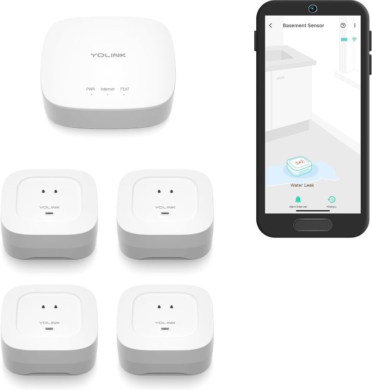 Photo 1 of 
YoLink Smart Home Starter Kit: Hub & Water Leak Sensor 4 with 105dB Audio Alarm 4-Pack, SMS/Text, Email & Push Notifications, Freeze Warning, LoRa...