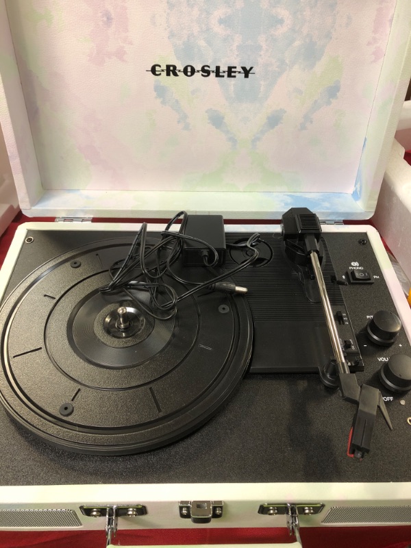 Photo 2 of Crosley CR8005F-GW Cruiser Plus Vintage 3-Speed Bluetooth in/Out Suitcase Vinyl Record Player Turntable, Green Watercolor Bluetooth In/Out Green Watercolor