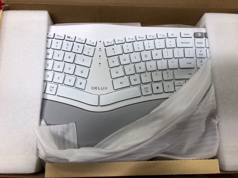 Photo 2 of DeLUX Upgraded Ergonomic Wireless Ergo Split Keyboard with Backlit, 2.4G and Bluetooth, Scissor Switch and Palm Rest for Natural Typing, Compatible with Windows and Mac OS (GM902Pro-White)