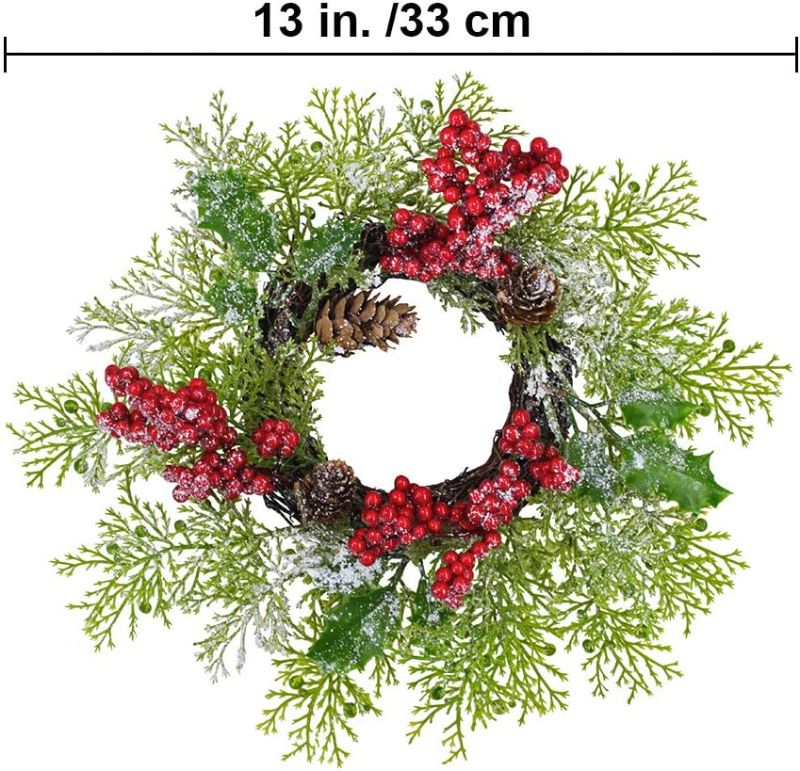 Photo 1 of 2 Pcs Artificial Snowy Cedar and Berry Candle Rings Christmas Candle Holder Rings Faux Cedar Twigs Wreath Mini Window Mirror Wreaths 12.6" Wide with Pine Cones Holly Leaves for Holiday Season Winter
