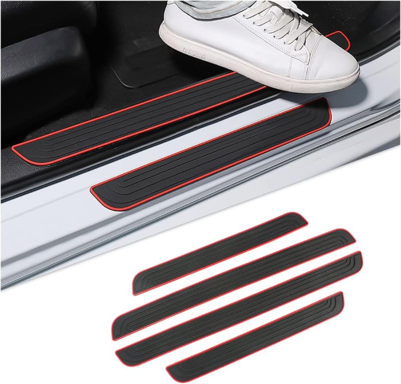 Photo 1 of 4PCS Car Door Sill Plate Protectors, Auto Door Entry Guards Sill Scuff Cover Panel Step Protector, PVC Rubber Anti-Scratch Front Rear Door Pedal, Car Accessories for Most Vehicles (Black/Red)