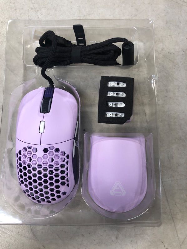 Photo 2 of FIRSTBLOOD ONLY GAME. F15 Lilac Gaming Mouse with Replaceable Honeycomb Shell, RGB Backlit, 16000 DPI, Programmable 8 Buttons, Symmetrical Shape with Both Side Buttons for Left and Right Hands, Purple