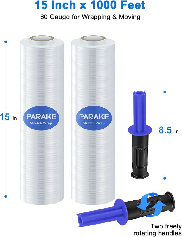 Photo 1 of  PARAKE 2-Pack Stretch Wrap Film, 15 Inch x 1000 Feet Shrink Wrap with Handles, Industrial Strength Plastic Wrap Roll, Heavy-Duty Shrink Film Roll, for Moving Storage Pallet Packing, 60 Gauge, Clear
