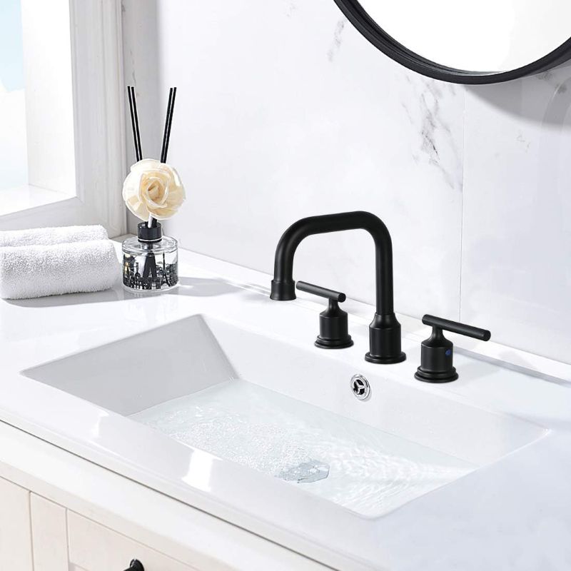 Photo 1 of WOWOW Widespread 6 INCH Bathroom Faucet Brass Bathroom Sink Faucet Dark Grey Vanity Faucet 3 Hole with Drain and Supply Lines, 2 Handle Basin Faucet 3 Pieces Mixer Taps