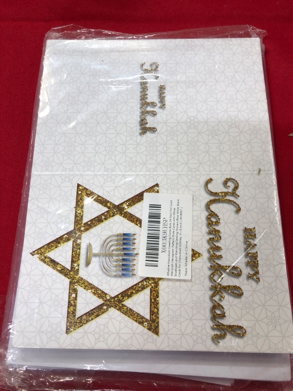 Photo 2 of Whaline Hanukkah Greeting Cards Bulk 24 Pack Foil Gold Menorah Hexagram Pattern Note Cards with White Envelopes and Matching Sealing Stickers Blue White Blank Cards for Chanukkah Holiday, 4 x 6 Inch