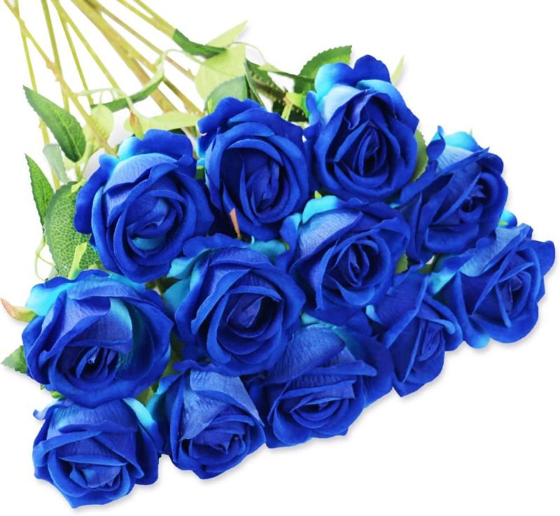 Photo 1 of  12Pcs Blue Roses Artificial Flowers, Single Long Stem Faux Velvet Rose Bridal Wedding Bouquet Table Centerpiece for Home Hotel Office Indoor Decor (Royal Blue)