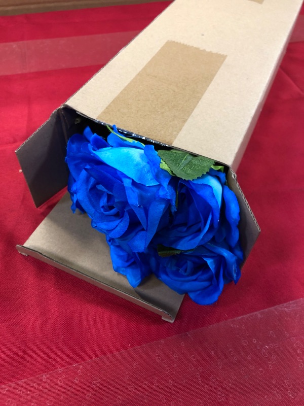 Photo 2 of  12Pcs Blue Roses Artificial Flowers, Single Long Stem Faux Velvet Rose Bridal Wedding Bouquet Table Centerpiece for Home Hotel Office Indoor Decor (Royal Blue)