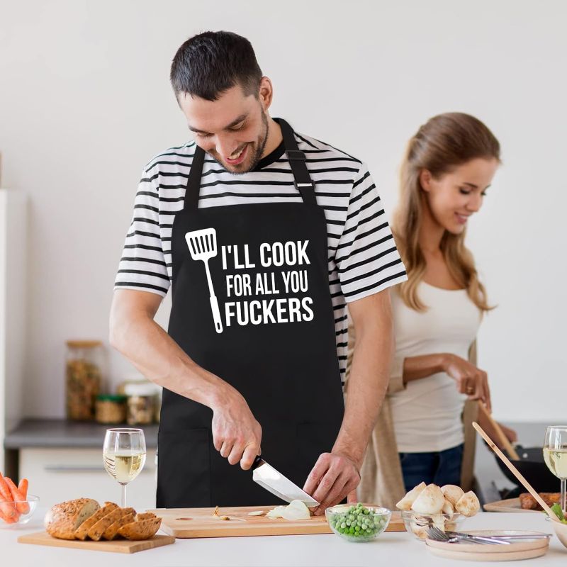 Photo 1 of ALIPOBO Cooking Apron for Men and Women, Funny Chef Kitchen Apron with 2 Pockets, Adjustable Neck Strap and 40" Long Ties - I'll Cook For All You- Black 