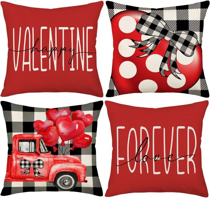 Photo 1 of 
Yameeta Happy Valentine’s Day Pillow Covers 20x20 Inch Set of 4 Red Truck Polka Dot Heart Forever Love Black White Buffalo Plaid Throw Pillow Cases...