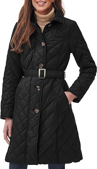 Photo 1 of Fazortev Women Quilted Lightweight Coat Lapel Collar Button Down Mid Length Puffer Jacket with Belt