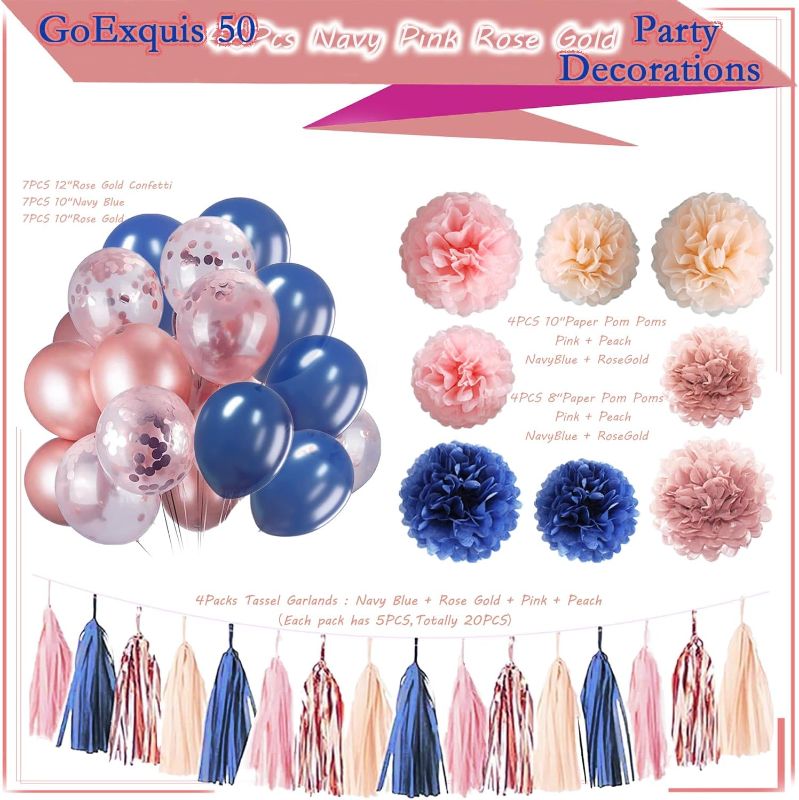 Photo 1 of Navy Rose Gold Party Decorations Pink Paper Pom Poms 10"Balloons Tassel Garlands for Gender Reveal Baby Shower Bridal Shower Wedding Navy Rosegold