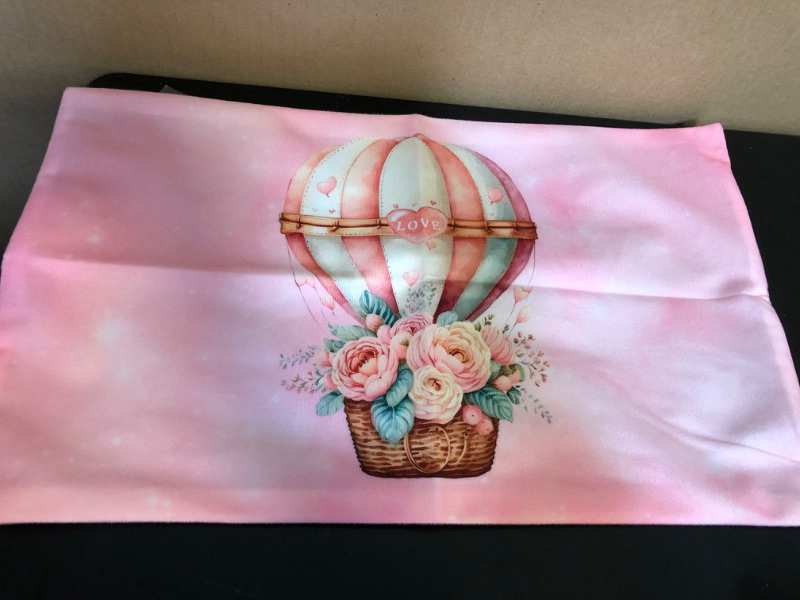 Photo 1 of 12''x20'' Valentine's Day Pillow Cover - 'Love' Hot Air Balloon & Floral Watercolor Design - Romantic Pink Cushion Case for Home Decor, Sofa, Couch - Ideal for Anniversaries & Valentine's Celebrations