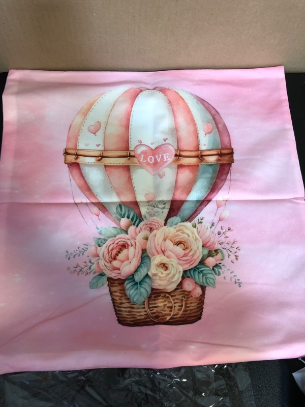 Photo 1 of 18''x18'' Valentine's Day Pillow Cover - 'Love' Hot Air Balloon & Floral Watercolor Design - Romantic Pink Cushion Case for Home Decor, Sofa, Couch - Ideal for Anniversaries & Valentine's Celebrations