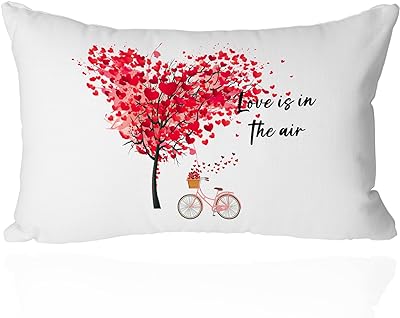 Photo 1 of 12x20 Inch Romantic Valentine's Day Pillow Cover - 'Love is in The Air' Red Heart Tree and Love Bicycle Design - Maple Leaf Decorative Cushion Case for Couch, Sofa, Bedroom, Living Room