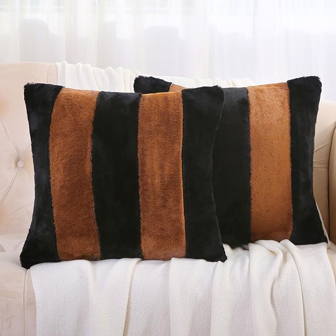 Photo 1 of Black and Brown Striped Decorative Throw Pillow Covers 26x26 Inch Set of 2,Fall Decorations for Home,Furry Faux Rabbit Fur/Soft Velvet,Large Euro Pillow Shams,Modern Decor for Couch