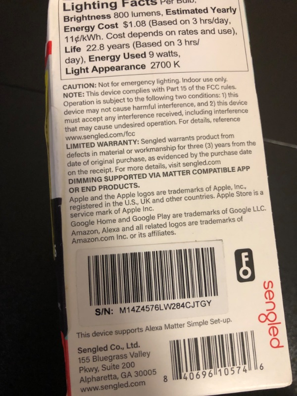 Photo 1 of Sengled LED Smart Light Bulb (A19), Matter-Enabled, Multicolor, Works with Alexa, 60W Equivalent, 800LM, Instant Pairing, 2.4 GHz, Wi-Fi, 1-Pack