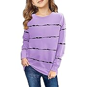 Photo 1 of Haloumoning Girls Striped Color Block Sweatshirts Kids Tie Dye Crewneck Long Sleeve Pullover Tops 4-13 Years A-purple