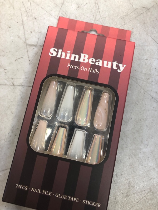 Photo 2 of ShinTrade Press on nails French nail enhancement Babo tea color Pearl white Laser Beige Gradient Rock pattern Light color scheme long length 24Pcs False nails