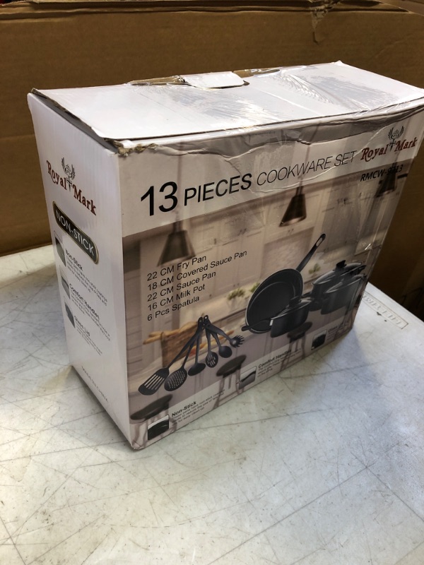 Photo 1 of Non-Stick Cookware Set, Portable Lightweight Cast Iron Pots and Pans with Glass Lids and Nylon Utensils - 13 Piece Set, Black