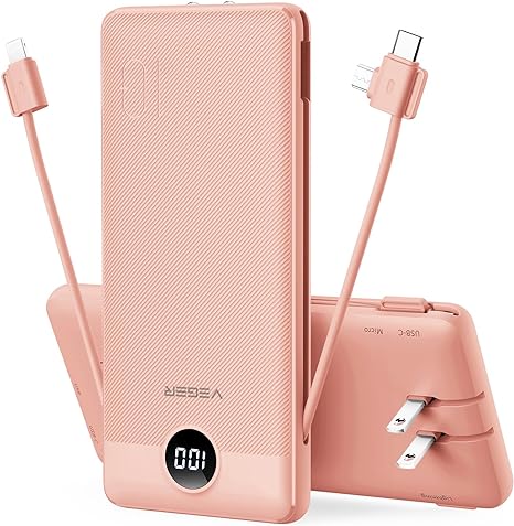 Photo 1 of VEGER Portable Charger for iPhone Built in Cables and Wall Plug, 10000mah Slim Fast Charging USB C Power Bank, Travel Essential Battery Pack Compatible with iPhone, iPad, Samsung, and More(Dark Pink)