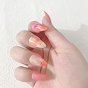 Photo 1 of Almond False Nails Medium Press on Gel Nails Pink Fake Nails with Color Block Designs Acrylic Glue 