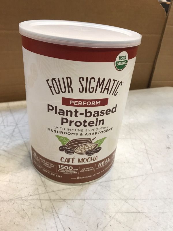 Photo 1 of exp date 04/2024--Organic Plant-Based Protein Powder by Four Sigmatic | Perform Mocha Protein Lion’s Mane, Chaga, Cordyceps and More | Clean Vegan Protein for Elevated Brain Function & Immune Support | 21.16 oz Mocha 1.32 Pound (Pack of 1)