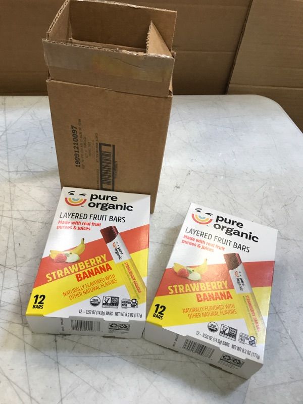 Photo 1 of exp date 12/2024---Pure Organic Layered Fruit Bars, Strawberry Banana, Gluten Free, Vegan Fruit Snacks (2 Boxes, 24 Bars)