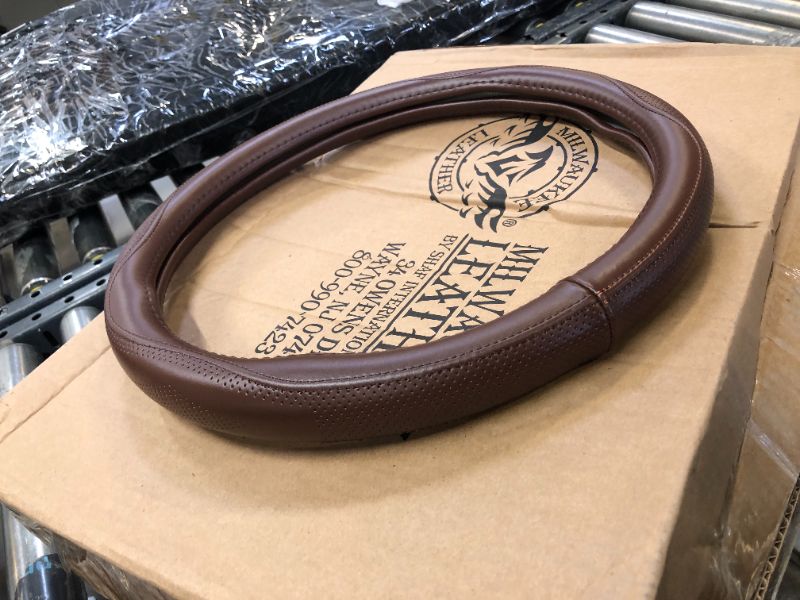 Photo 1 of HAOKAY Top Grade Brown Genuine Leather Steering Wheel Cover Men Women, Luxury Steering Wheel Cover for Cars, SUVS and Trucks?Universal 14.5-15 inch BROWN Standard size[14 1/2''-15'']