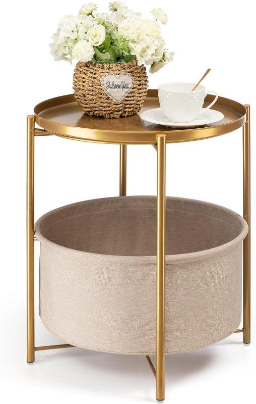 Photo 1 of danpinera Round Side Table with Fabric Storage Basket, Metal Small Bedside Nightstand with Removable Tray Top for Living Room, Bedroom, Nursery, Laundry, Gold
