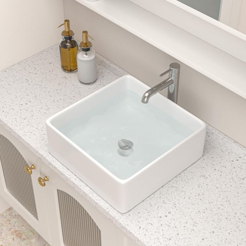 Photo 1 of Square Bathroom Vessel Sink - Logmey Square Above Counter whitePorcelain Ceramic Vanity Sink Art Basin 58cmx48cmx23cm white
