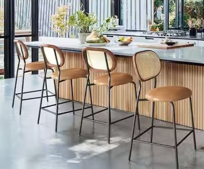 Photo 1 of 24 in. Whiskey Brown Metal Frame Rattan Counter Height Bar Stools With Faux Leather Seat (set of 4)
