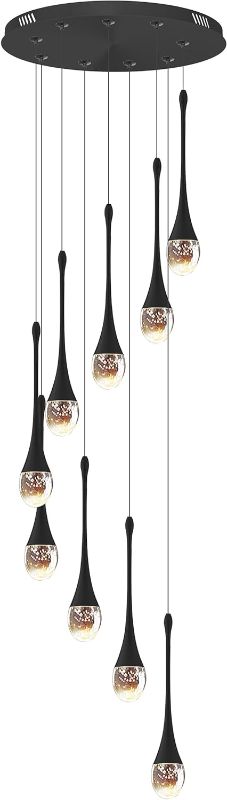 Photo 1 of ykolupty 9-Lights Black Pendant Chandliers 100'' High Staircase Ceiling Chandeliers Crystal Bubble Raindrop Lighting Chandelier Ceiling Living Room Dimmable 2700-6000k LED Dining Lighting
