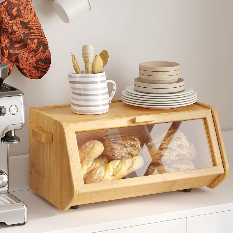 Photo 1 of AMBIRD Bamboo Bread Box keep The Bread Fresh For Kitchen Counter-Large Capacity Wooden Bread Storage Container Farmhouse Bread Box with Window Bread Holder
