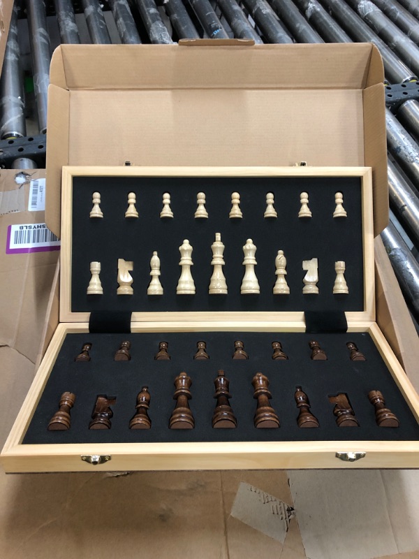 Photo 1 of AMEROUS 15 Inches Magnetic Wooden Chess Set - 2 Extra Queens - Folding Board - Pieces Storage Slots, Handmade Portable Travel Chess Game - Beginner Chess Set for Kids, 6 up Age
