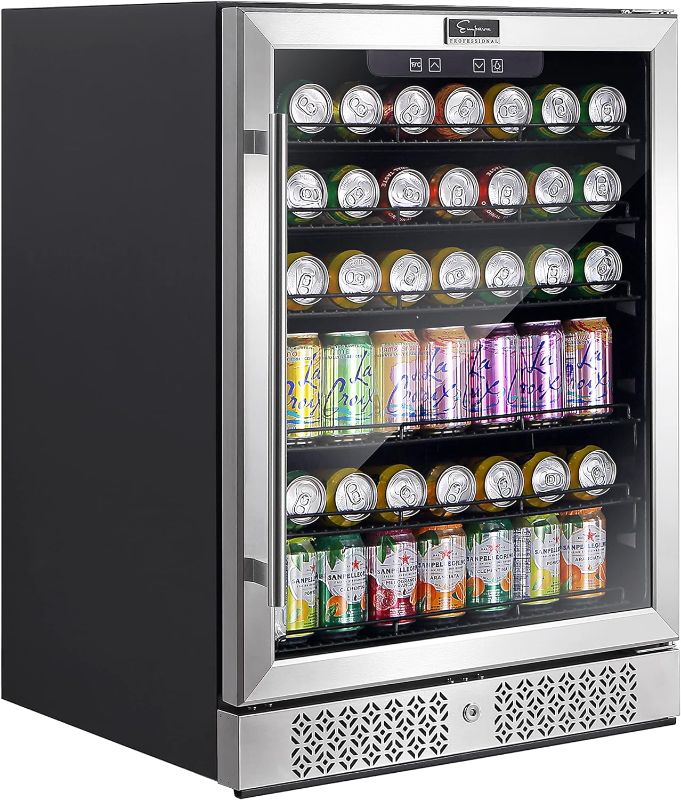 Photo 1 of Empava EMPV-BR02S 140 Can Capacity Beverage, Mini Glass Door Built-in Counter or Freestanding Drink Fridge Cool Your Beer Soda to 37F for Kitchen, Bar or Office, 24 Inch, Stainless Steel
