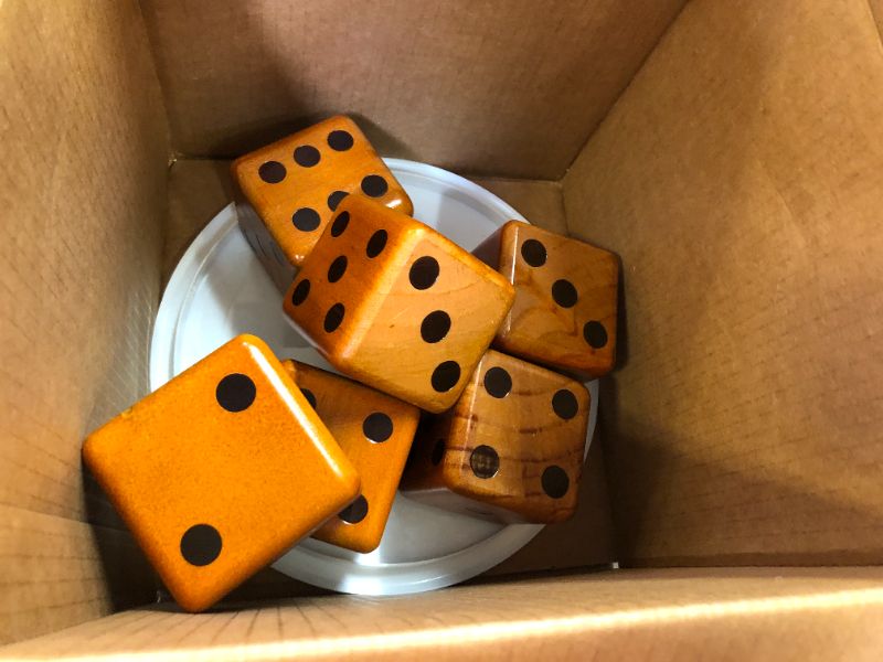 Photo 2 of  Giant Wooden Yard Dice Set for Outdoor Fun, Barbeque, Party Events, Backyard Games, Lawn Games Includes 6 Dice, Collapsible Bucket, Score Cards 