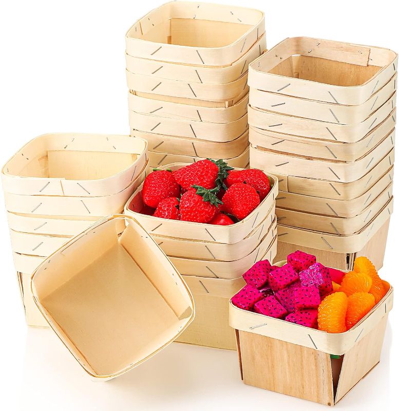 Photo 1 of Unittype 30 Pcs One Pint Wooden Gift Baskets Berry Basket Bulk Square Vented Boxes 4 Inch Small Baskets Container Picking Food Storage Dry Waxed Deli Paper Sheets for Fruit Food Gifts Arts Crafts
