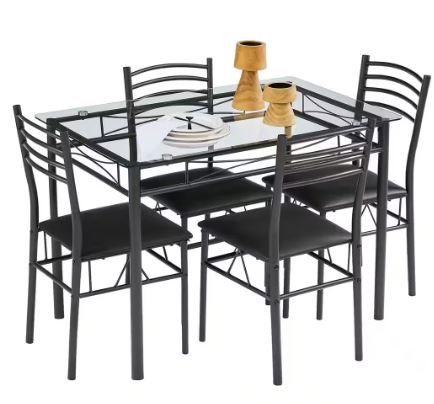 Photo 1 of 5 Pcs Dining Table Set, Home Dining Table and 4 Chairs Set with Tempered Glass Tabletop Padded Seat?43.3"X27.5"X30"
