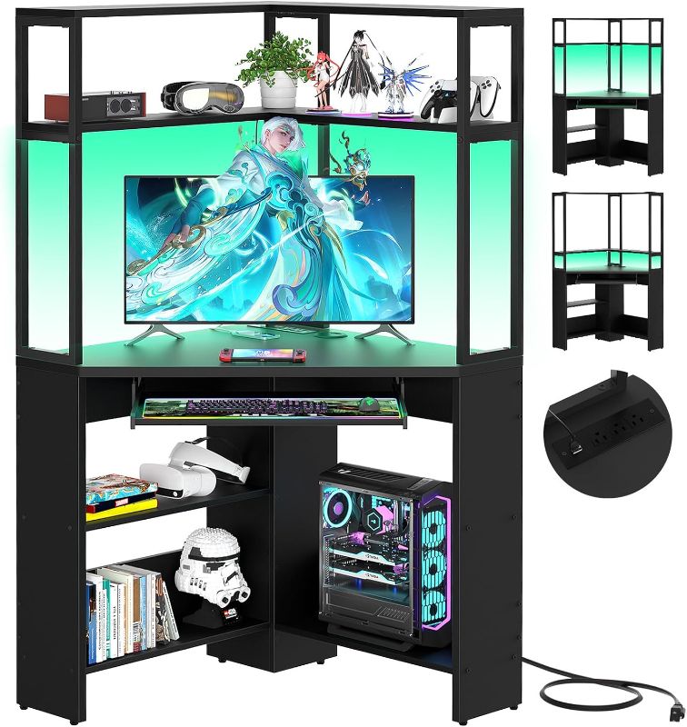 Photo 1 of Cyclysio Corner Desk with Hutch, Triangle Gaming Desk with Keyboard Tray, Corner Computer Desk with Power Outlets & LED Light, Corner Table for Home Office, Small Space, Workstation, Black
