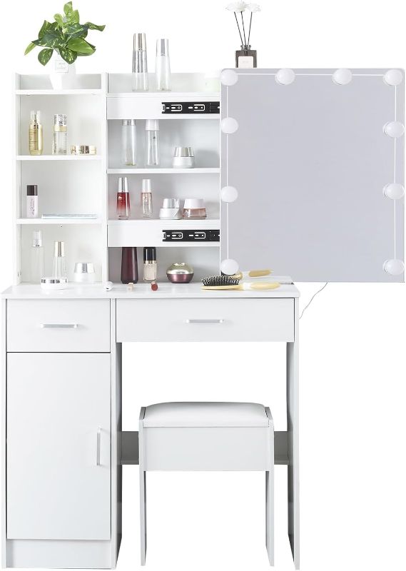 Photo 1 of Abesthink White Vanity Desk, Modern Makeup Vanity Table with 10 LED Lighted Mirror, 35 Inch Dressing Table Desk with Drawers & Shelves for Bedroom
