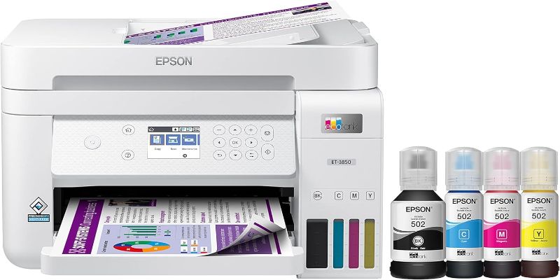 Photo 1 of Epson EcoTank ET-3850 Wireless Color All-in-One Cartridge-Free Supertank Printer with Scanner, Copier, ADF and Ethernet – White (Renewed)
