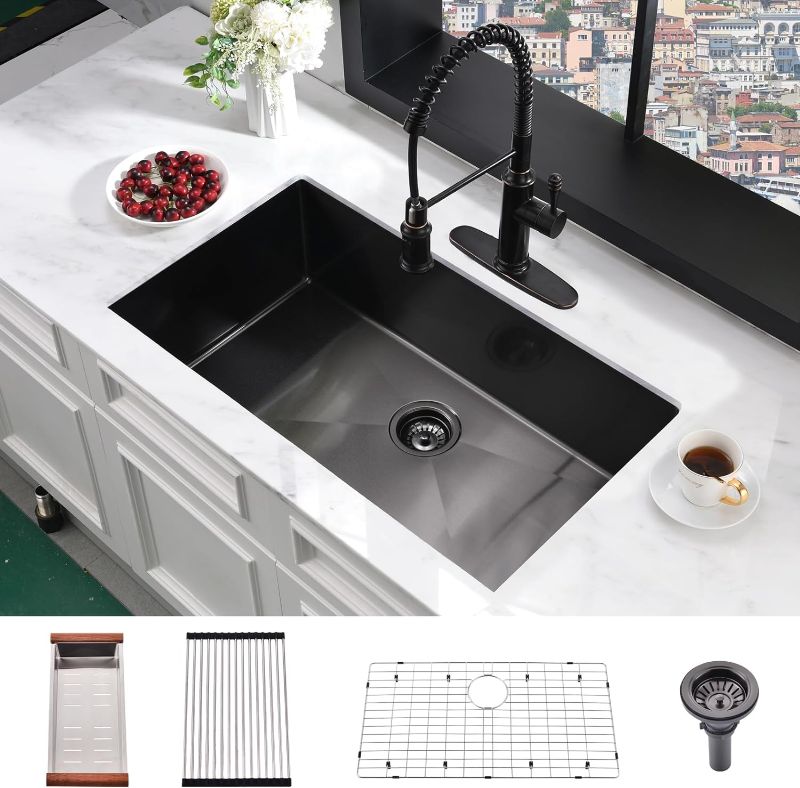 Photo 1 of 30 Inch Black Undermount Kitchen Sink-HACHENL 30×19 Inch Undermount Kitchen Sink 16 Gauge Black Stainless Steel Kitchen Sink 10 Inch Deep Single Bowl Kitchen Sink
