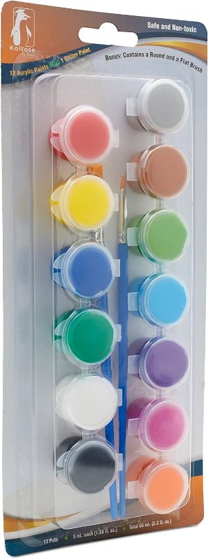 Photo 1 of Acrylic Paint Sets For Kids, 12 Colored Paints a Glitter Paint and 2 Brushes, For Schools Clubs and Camps, Essential Craft Supplies for All Arts and Crafts Projects