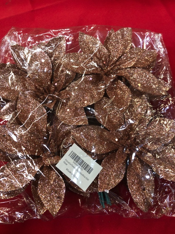 Photo 2 of 12 PCS Poinsettia Flowers Christmas Decorations, with Clips Stems for Christmas Tree Ornaments, Xmas Party Wreath Wedding Decorations, Rose Gold